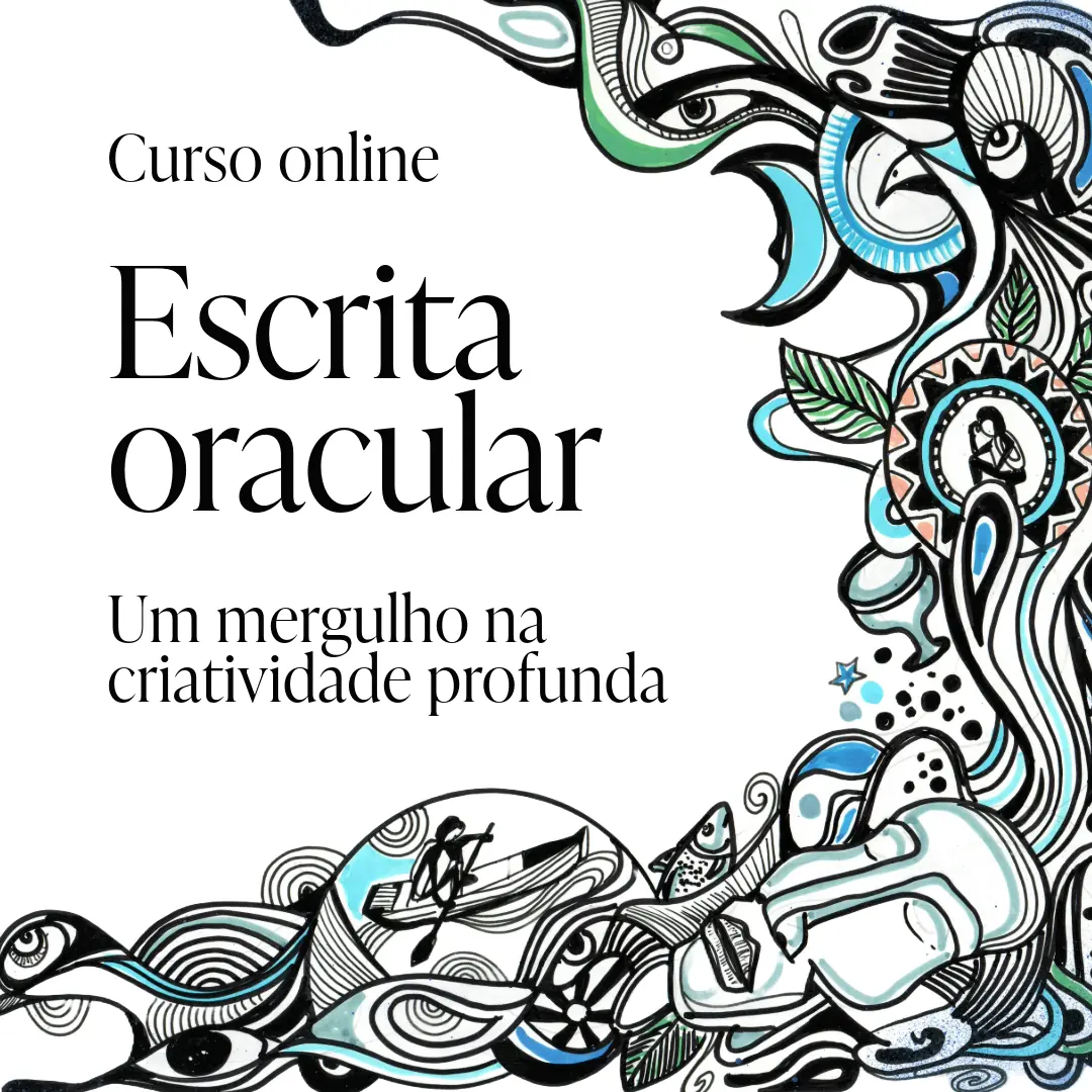 Capa do curso Escrita Oracular, com ilustração em nanquim de olhos, luas, rio e canoa