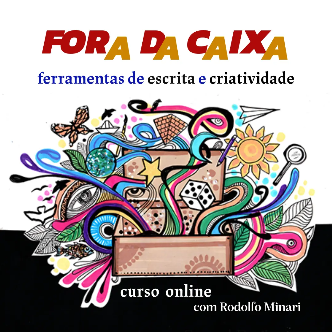 Capa do curso Fora da Caixa, com uma caixa de papelão de onde saem ilustrações coloridas