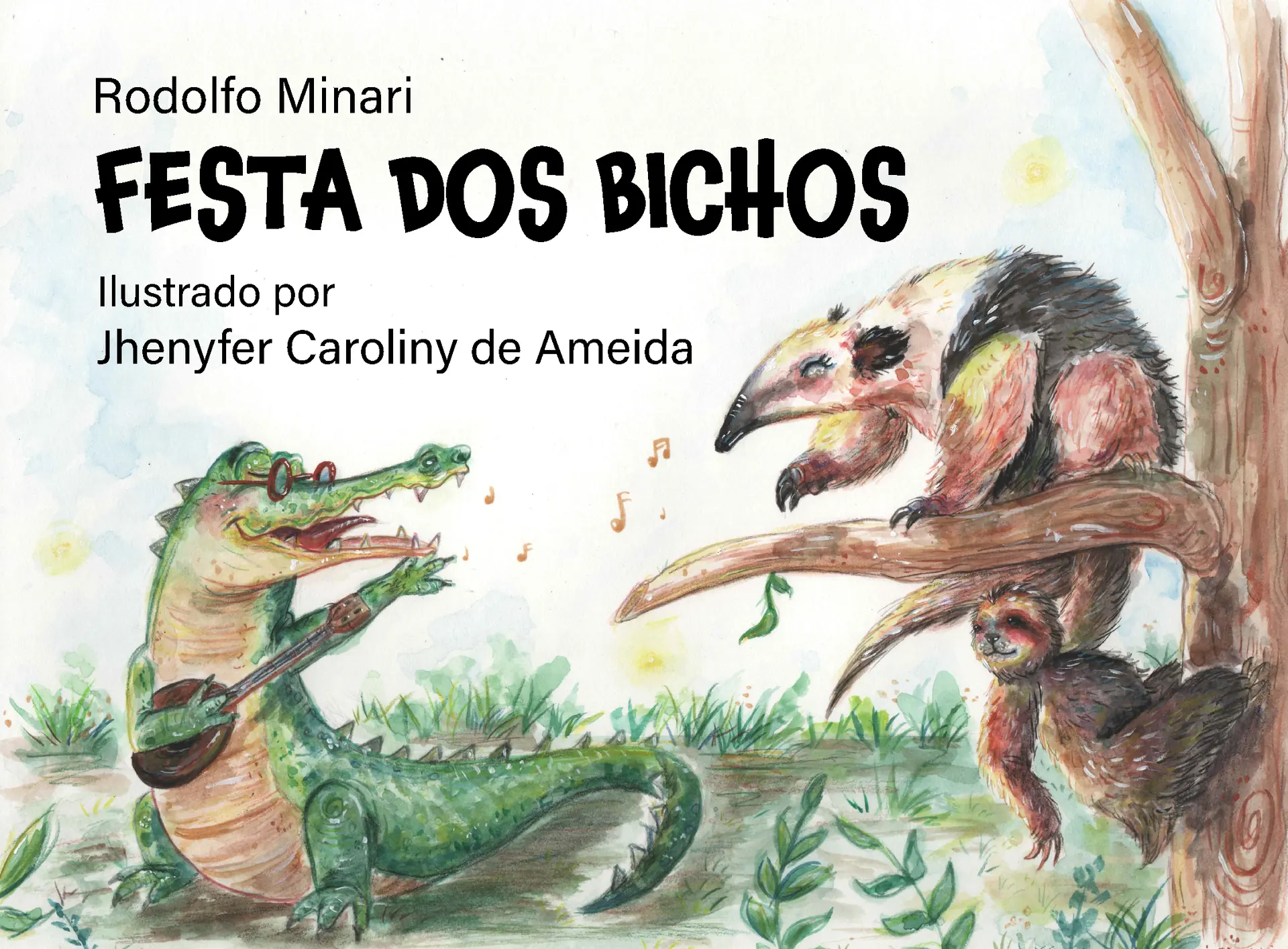 Capa aberta do livro infantil Festa dos Bichos, de Rodolfo Minari, com ilustração de um tamanduá e um jacaré